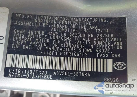 2015 Toyota Camry Le z USA, uszkodzony, nr VIN 4T4BF1FK1FR466402